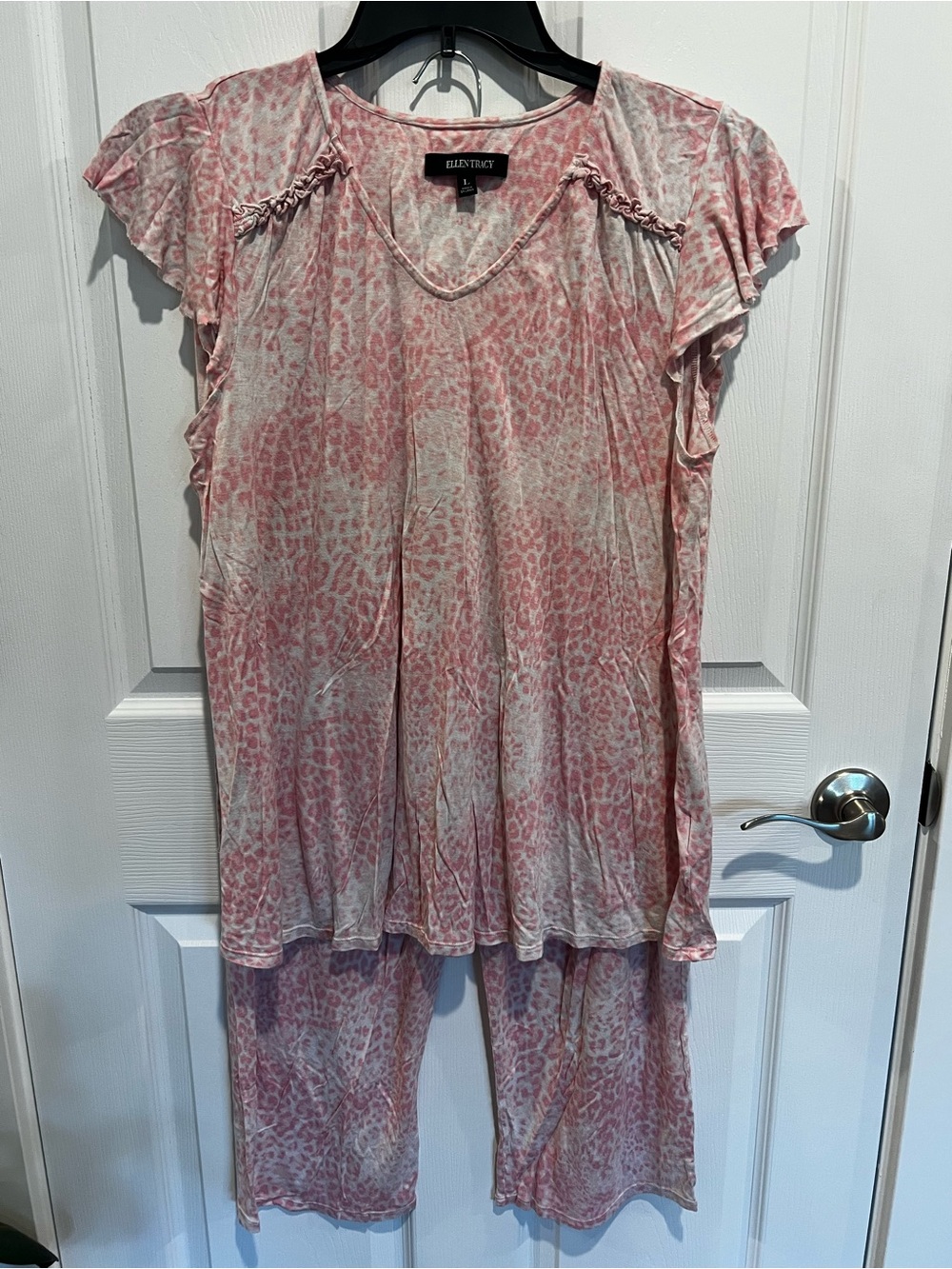 Ellen Tracy Pink Animal-Print Short Flutter Sleeve Pajama Set